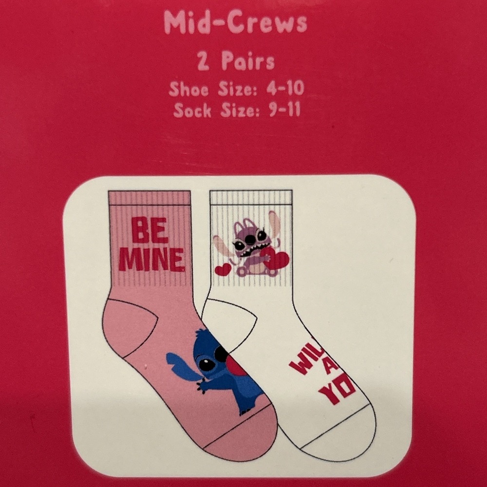 Disney Stitch & Angel Valentine's Day Crew Socks Pink & White Women's 2 Pairs